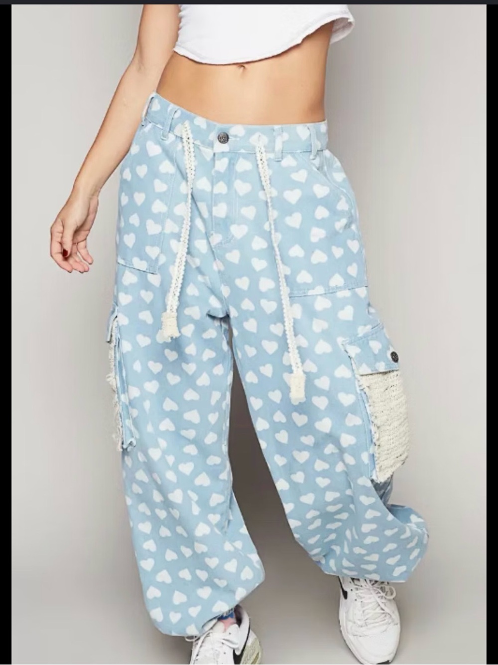 POL denim Blue and White Heart-Print Wide Leg Cargo Jumpsuit Pants